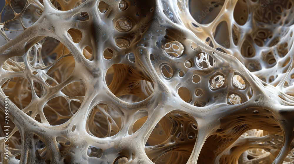 Poster a highly magnified view of a bioprinted scaffold made up of fine lines and intricate patterns. the s