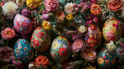 Fototapeta na wymiar Nestled amidst the flowers and sugary treats are handpainted Easter eggs each one a work of art in itself.