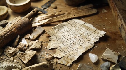 A the fragments of pottery and stone tools lies a perfectly preserved ancient scroll its faded writing waiting to be deciphered and translated.