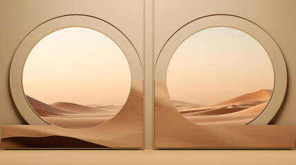 Ship's Window Embracing Nature's Palette: A serene blend of sunset hues over a tranquil landscape, featuring mountains, desert, and a calming seascape