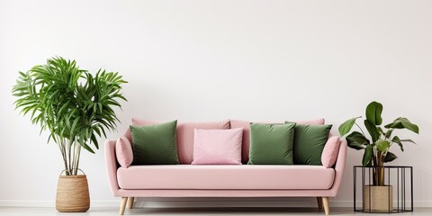 Green blanket, pink pillows, sofa, living room, plant, white wall, copy space