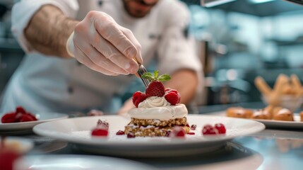 Chef decorating a cake with fresh raspberries and strawberries