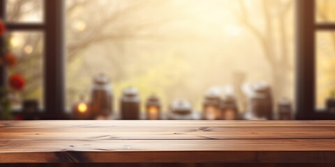Blurred window background with wooden kitchen table.