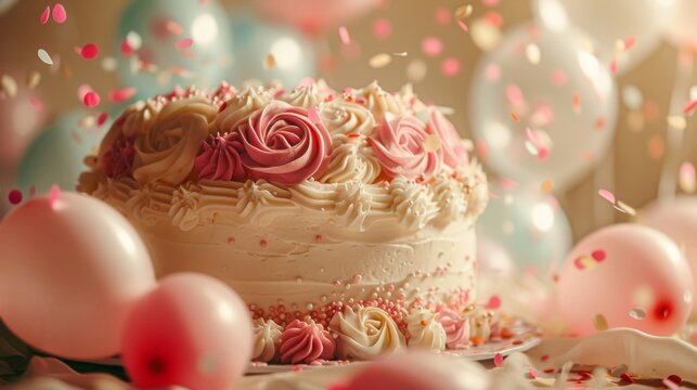 Birthday cake with roses and balloons on blurred background, closeup