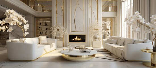 Luxurious interior design of a living room with elegant gold toned decor and high end white furnishings