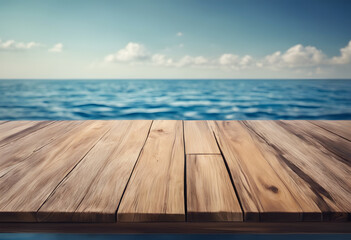 Wooden pier with tranquil blue sea and clear sky, concept of relaxation and vacation.