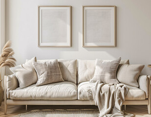 Natural Elegance Living Room Setup with Matching ISO A-Sized Frame Mockups Over a Textured Linen Sofa, Complimented by Soft Pillows and a Cozy Knit Throw in a Sunlit Space - obrazy, fototapety, plakaty