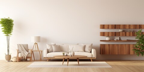 Spacious white living area with wooden furniture and blank wall for decoration.