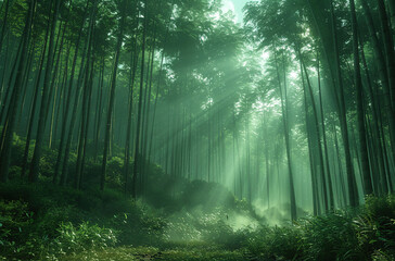Misty morning in the forest, Beautiful nature view. Created with Ai