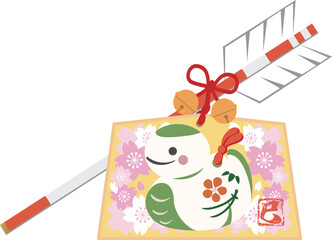 年賀状　年賀　2025　土鈴　絵馬　破魔矢　巳年　巳　蛇　へび年　お正月　かわいい　シンプル　イラスト　白蛇