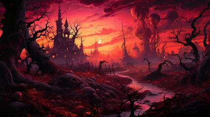 Kussenhoes Illustration of an enchanted forest with a gothic castle at twilight © Keyser the Red Beard