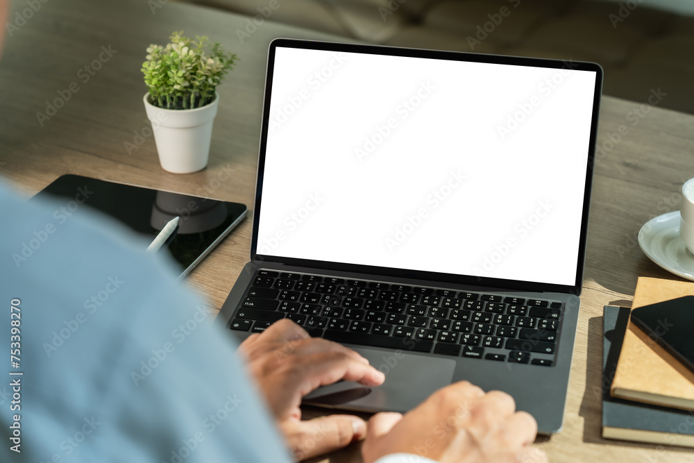 Poster young man working businessman using a desktop computer of the blank screen