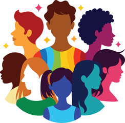 Silhouettes of people, men, women as an end to the inclusiveness of the lgbtq community, pride, rainbow colors. Vector stock illustration with homosexuals isolated