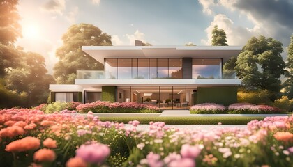 luxurious modern house surrounded by a garden of flowers - Powered by Adobe