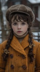 girl braids hat yellow coat heterochromia sad pale skin fae extreme details perfect face child long hair covid young human uniquely little