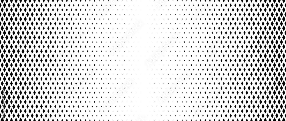 Poster Rhombus gradient halftone texture. Diamond shape dots fading background. Abstract geometric particle vanishing backdrop. Rhomb shape grunge overlay texture. Vector wide black white wallpaper
