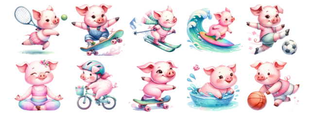 Watercolor picture of a pink pig exercising on a white background. Isolated image.