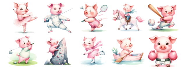 Watercolor picture of a pink pig exercising on a white background. Isolated image.