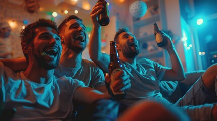 Fototapeta na wymiar Male football fans watching soccer on tv at home. Group of emotional friends sitting on sofa with beer bottles and celebrating victory of their favorite team. Friendship, entertainment