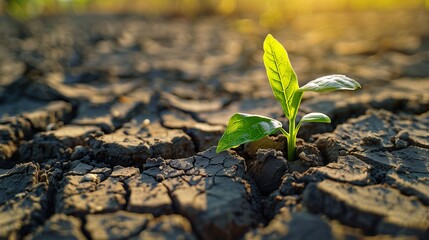 Tiny plant sprout through dry, cracked soil representing  Resilience