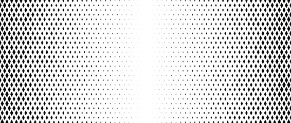 Rhombus gradient halftone texture. Diamond shape dots fading background. Abstract geometric particle vanishing backdrop. Rhomb shape grunge overlay texture. Vector wide black white wallpaper