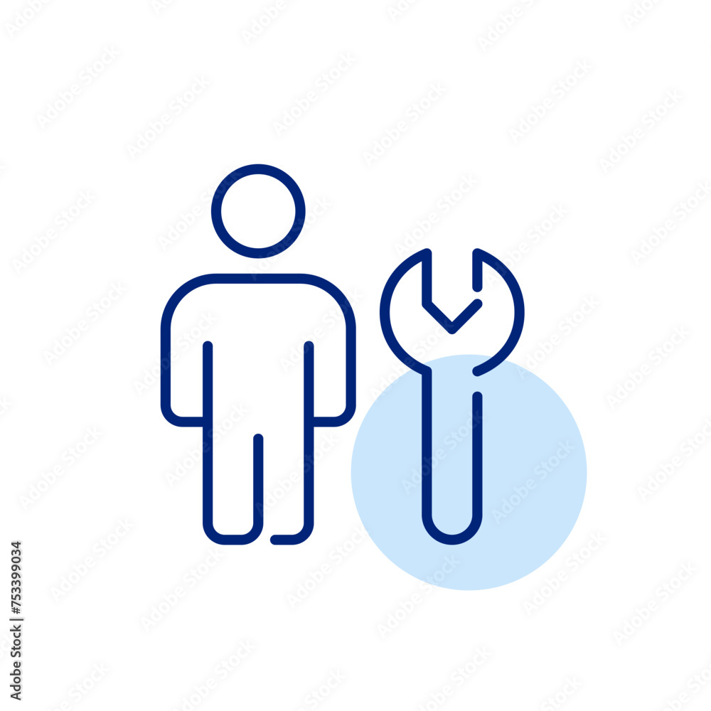 Poster person and wrench. website maintenance and trouble-shooting. digital engineering and customization. 