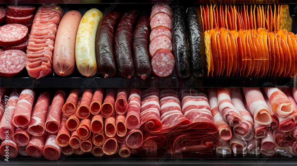 Poster rows of neatly stacked and sliced meat s including sausages bacon and ham displayed in a spotless re