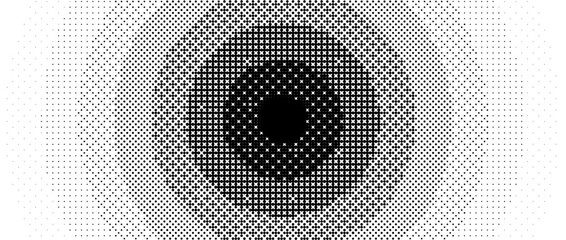 Radial pixelated gradient texture. Black and white dithered round gradation. Retro circle video game background. Halftone 8 bit wallpaper. Vintage circular pixel print. Vector bitmap overlay backdrop - obrazy, fototapety, plakaty