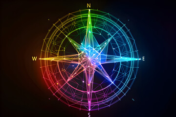 Neon wireframe compass rose with rainbow-colored outlines isotated on black background