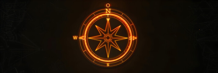 Glowing neon silhouette of a compass pointing north isotated on black background - obrazy, fototapety, plakaty