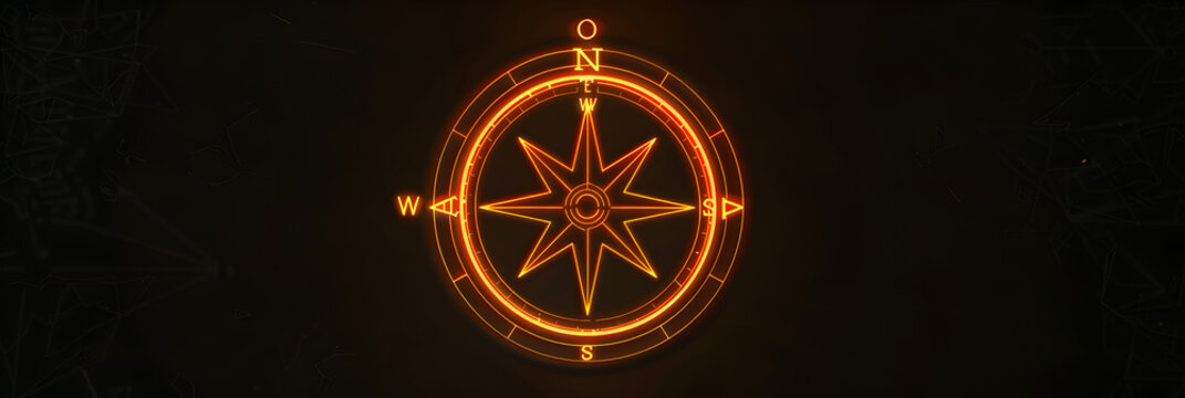 Glowing neon silhouette of a compass pointing north isotated on black background