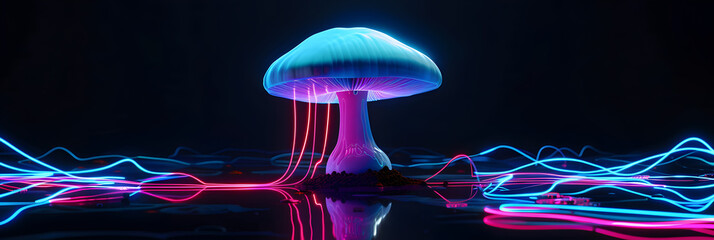 3D neon illustration of a magical mushroom surrounded by glowing light trails isolated on black background. - obrazy, fototapety, plakaty