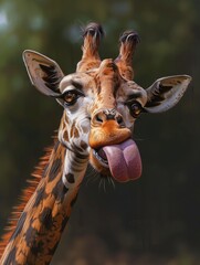 giraffe sticking tongue out lick cute silly face colored drawing cheeky mad - obrazy, fototapety, plakaty