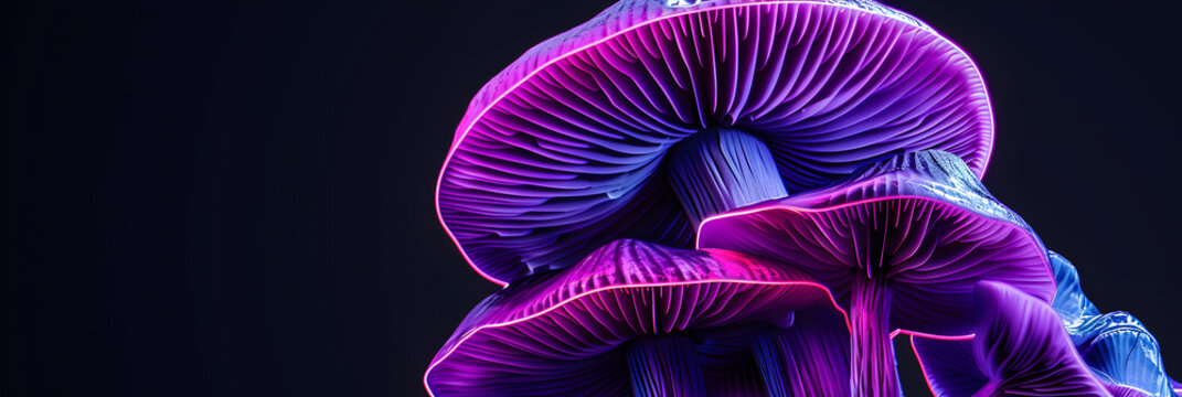 Glowing purple neon mushroom isolated on black background.