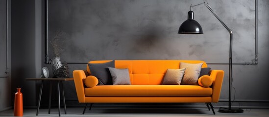 Interior with modern grey sofa and orange lamp
