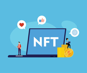 NTF. Non-fungible token. Technology of selling NFT tokens for cryptocurrency flat vector illustration - obrazy, fototapety, plakaty