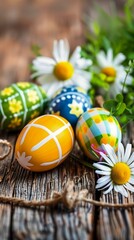 Obraz na płótnie Canvas decorated easter eggs wooden table flowers dangerous chemical hazards rust reduce duplication evergreen branches golden ornaments colored layers