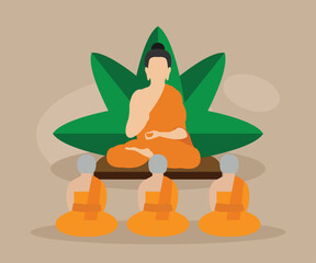 Monks meditating in front of the BUddha statue flat vector illustration