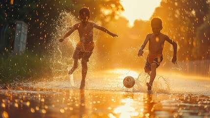 Two boys, not wearing shirts, were playing football on a wide dirt field in the rain with the sun...