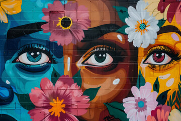 A vibrant mural portraying diverse women's eyes filled with determination