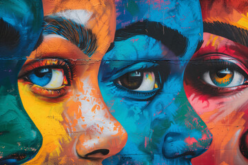 A vibrant mural portraying diverse women's eyes filled with determination, courage, and compassion