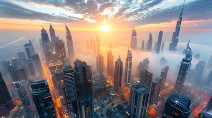 Tall buildings in the center of the city surrounded by fog and the morning sunrise