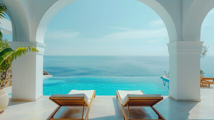 Fototapeta premium A pool with chairs, a potted tree, and a view of the ocean.