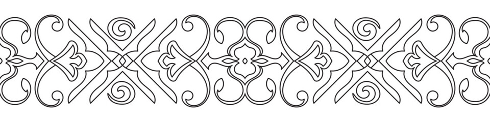 Black seamless pattern of abstract flowers For making decorative borders, frames, and patterns on fabric and paper.