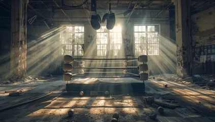 Foto auf Leinwand Old boxing ring in the middle of an abandoned warehouse, boxing gloves hanging on the ropes © Evandro