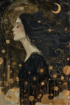 woman long hair moon scattered golden flakes princess staples black tranquility endless stars draped gold silver girl sun gemini