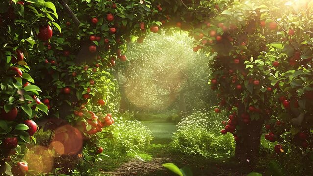 fantasy apple trees garden with natural arch . seamless looping overlay 4k virtual video animation background