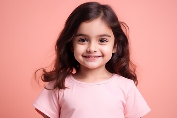 Portrait of a cute little girl with long hair on a pink background