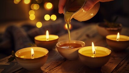A person is pouring honey into small, round ceramic cups that stand on top of candles, Crafting Artisanal Candles. 