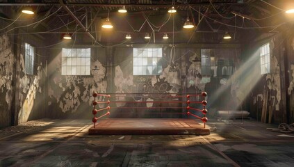 A boxing ring with ropes, a boxing bag, and lighting in an abandoned warehouse - Powered by Adobe